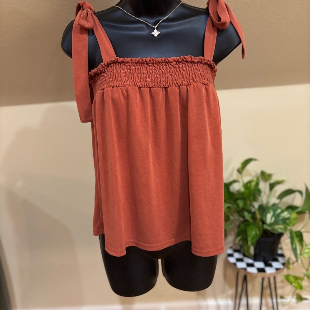 Green envelope, Los Angeles women’s small Rust Sleeveless, smoked top